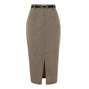 Women's Midi Pencil Skirt Fall Winter Slit Office Skirts with Belt Brown